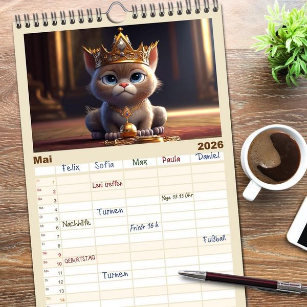 Produktbild: Familienplaner 2026 - Lustige K&auml;tzchen mit 5 Spalten (Wandkalender, 21 x 45 cm) CALVENDO