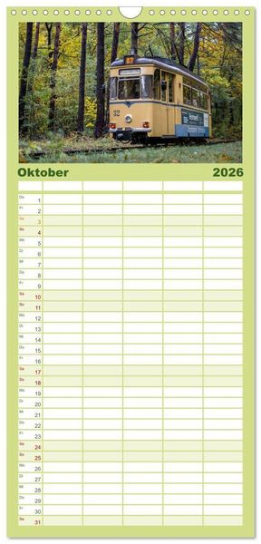 Produktbild: Familienplaner 2026 - Stra&szlig;enbahnklassiker auf Schienen mit 5 Spalten (Wandkalender, 21 x 45 cm) CALVENDO