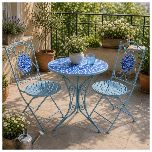 Produktbild: HTI-Living Bistro Sitzgruppe Metall blau Tisch mit 2 St&uuml;hlen Balkon Set Gartenm&ouml;bel Mosaik