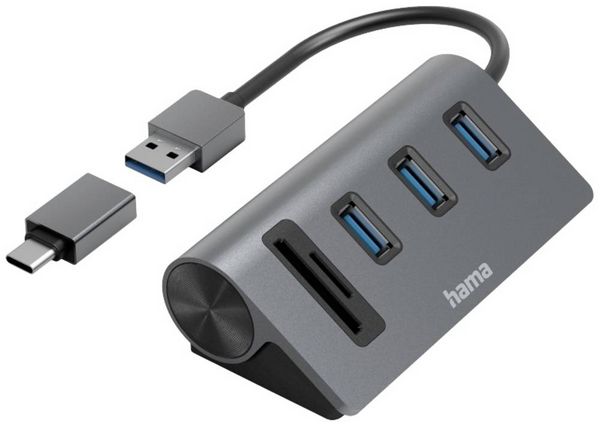 Produktbild: Hama 00200140 USB-Hub 5 Port USB-A, microSD, SD USB 3.2 Gen1 5 GBit/s mit eingebautem SD-Kartenleser, mit USB-C&reg; Stecker Grau