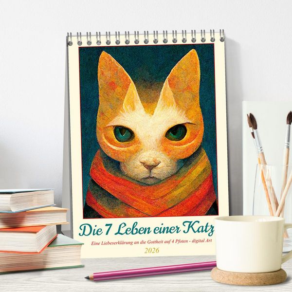 Produktbild: Die 7 Leben einer Katze (Tischkalender 2026 DIN A5 hoch), CALVENDO Monatskalender