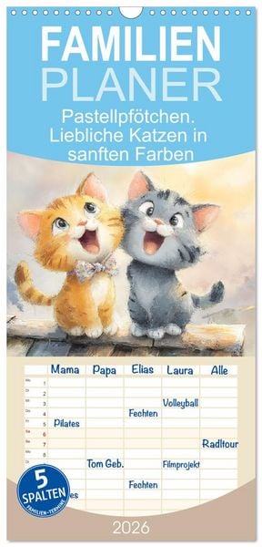 Produktbild: Familienplaner 2026 - Pastellpf&ouml;tchen. Liebliche Katzen in sanften Farben mit 5 Spalten (Wandkalender, 21 x 45 cm) CALVENDO