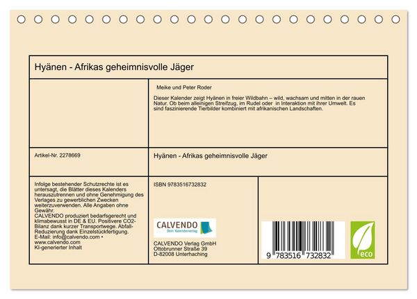 Produktbild: Hy&auml;nen - Afrikas geheimnisvolle J&auml;ger (Tischkalender 2026 DIN A5 quer), CALVENDO Monatskalender