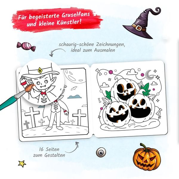 Produktbild: TR&Ouml;TSCH - Gruselmalbuch mit Stickern | Halloween Malbuch mit s&uuml;&szlig;en Gruselmotiven, Stickern und Bastelideen | Halloween Ausmalbilder f&uuml;r Buntstifte, Wasserfarben und Wachsmalstifte | Ab 5 Jahren
