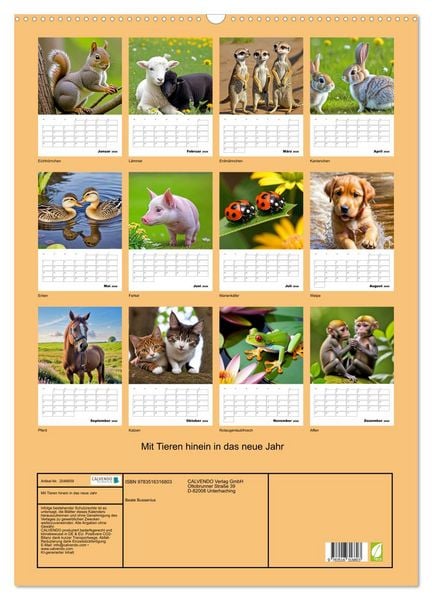 Produktbild: Mit Tieren hinein in das neue Jahr (Wandkalender 2026 DIN A2 hoch), CALVENDO Monatskalender