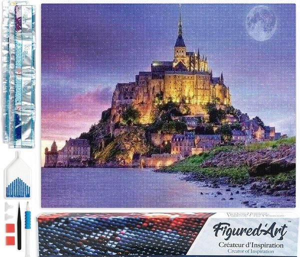 Produktbild: FiguredArt DP-597 - Diamond Painting, Mont-Saint-Michel, 5D Bild (40x50cm) mit eckigen Steinen, DIY Bastelset
