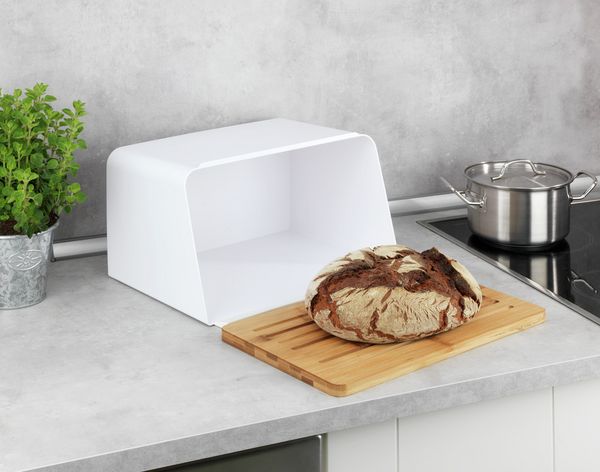 Produktbild: Brotkasten mit Bambusbrett Mod. Kubo, Wei&szlig;, mit integriertem Bambusschneidebrett