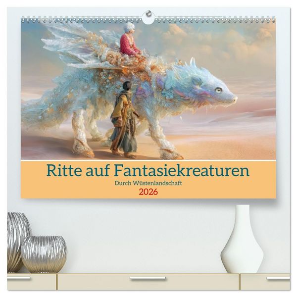 Ritte auf Fantasiekreaturen - Durch Wüstenlandschaft (hochwertiger Premium Wandkalender 2026 DIN A2 quer), Kunstdruck in Hochglanz