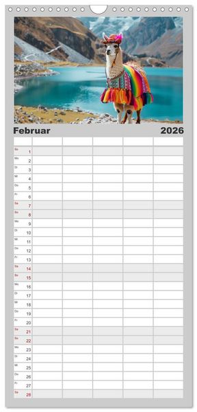 Produktbild: Familienplaner 2026 - Lamas auf Tour. Perus flauschige Fashion-Ikonen mit 5 Spalten (Wandkalender, 21 x 45 cm) CALVENDO