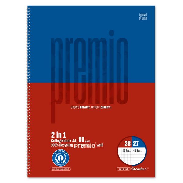 Staufen Collegeblock premio Twice 2in1 Lineatur 27/28 liniert/kariert 80 Blatt 90g/m² DIN A4