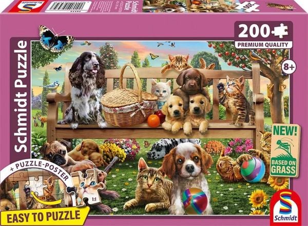 Schmidt 56534 - Gartenpicknick für Hund und Katze, Puzzle mit Poster, 200 Teile aus NATPAX® Graspappe