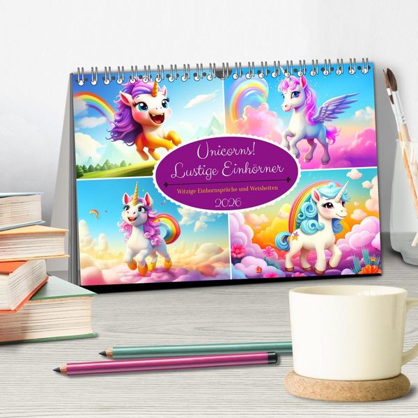 Produktbild: Unicorns! Lustige Einh&ouml;rner. Witzige Einhornspr&uuml;che und Weisheiten (Tischkalender 2026 DIN A5 quer), CALVENDO Monatskalender