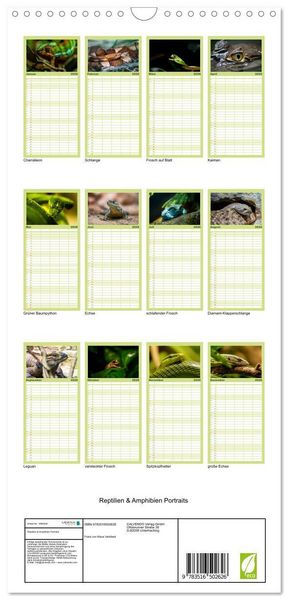 Produktbild: Familienplaner 2026 - Reptilien & Amphibien Portraits mit 5 Spalten (Wandkalender, 21 x 45 cm) CALVENDO