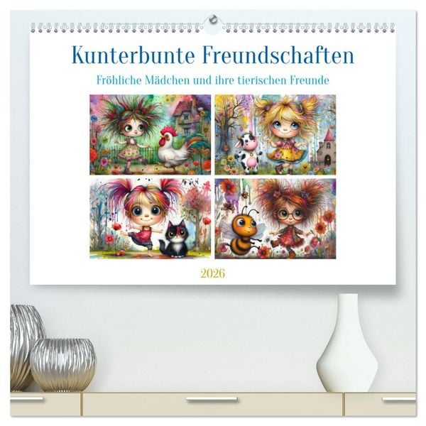 Produktbild: Kunterbunte Freundschaften - Fr&ouml;hliche M&auml;dchen und ihre tierischen Freunde (hochwertiger Premium Wandkalender 2026 DIN A2 quer), Kunstdruck in Hochglanz