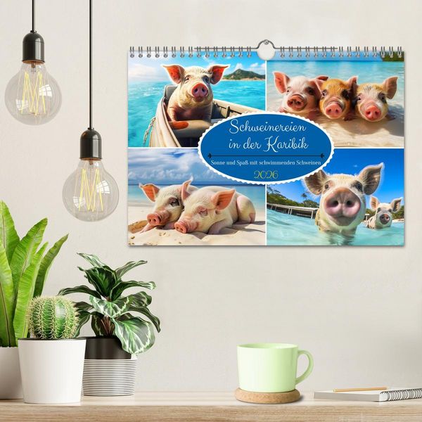 Produktbild: Schweinereien in der Karibik. Sonne und Spa&szlig; mit schwimmenden Schweinen (Wandkalender 2026 DIN A4 quer), CALVENDO Monatskalender