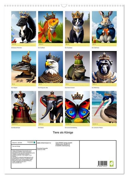 Produktbild: Tiere als K&ouml;nige (Wandkalender 2026 DIN A2 hoch), CALVENDO Monatskalender
