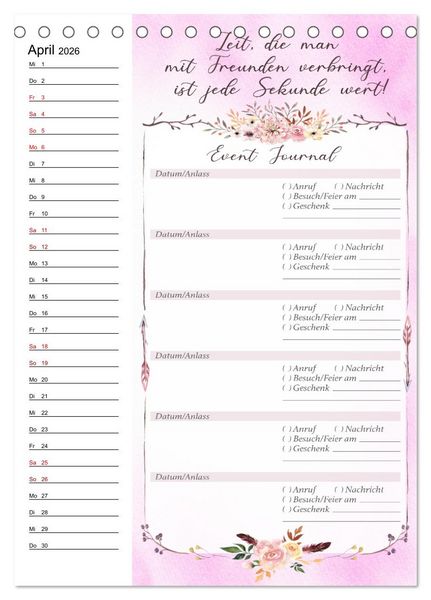 Produktbild: Geburtstagsplaner Boho Rosa - F&uuml;r Termine, Geschenke, Eventdetails & mehr (Tischkalender 2026 DIN A5 hoch), CALVENDO Monatskalender