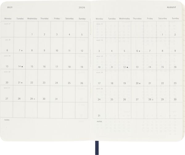 Moleskine 12 Monate Wochen Notizkalender 2026, Pocket/A6, 1 Wo = 1 Seite, rechts linierte Seite, Weicher Einband, Saphir