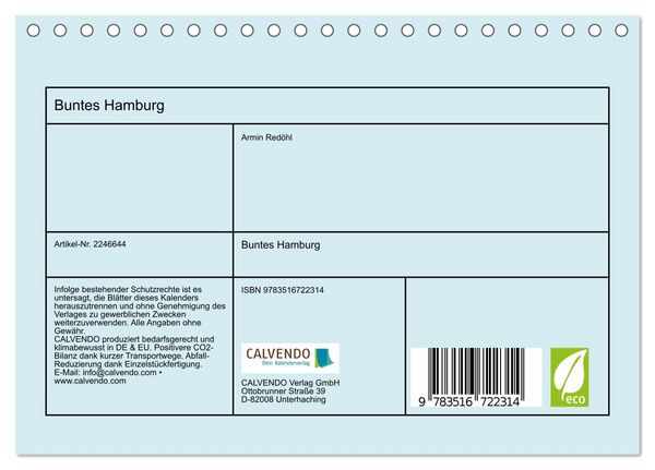 Produktbild: Buntes Hamburg (Tischkalender 2026 DIN A5 quer), CALVENDO Monatskalender