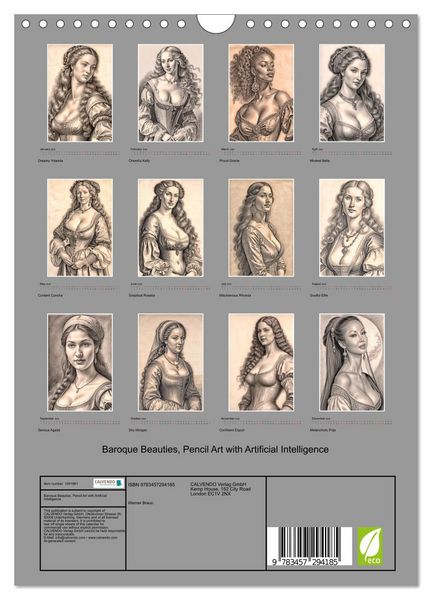 Produktbild: Baroque Beauties, Pencil Art with Artificial Intelligence (Wall Calendar 2026 DIN A4 portrait), CALVENDO 12 Month Wall Calendar