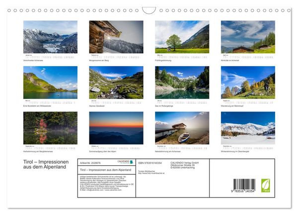 Produktbild: Tirol &ndash; Impressionen aus dem Alpenland (Wandkalender 2026 DIN A3 quer), CALVENDO Monatskalender