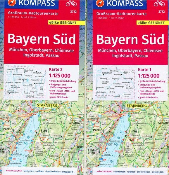KOMPASS Großraum-Radtourenkarte 3712 Bayern Süd, Oberbayern, Chiemsee,  Ingolstadt, Passau, München 1:125.000' von '' - Buch - '978-3-99121-161-7