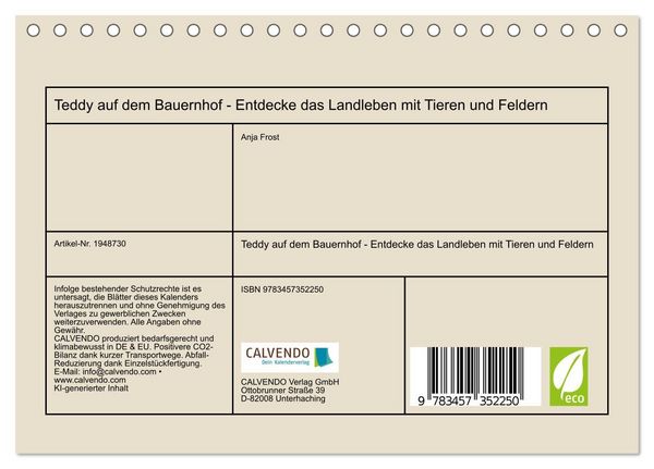 Produktbild: Teddy auf dem Bauernhof - Entdecke das Landleben mit Tieren und Feldern (Tischkalender 2026 DIN A5 quer), CALVENDO Monatskalender