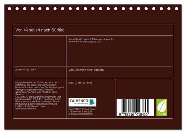 Produktbild: Von Venetien nach S&uuml;dtirol (Tischkalender 2026 DIN A5 quer), CALVENDO Monatskalender