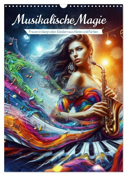Produktbild: Musikalische Magie &ndash; Frauen in klangvollen Kleidern aus Noten und Farbe (Wandkalender 2026 DIN A3 hoch), CALVENDO Monatskalender