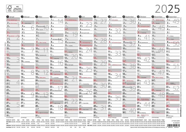 Jahresübersicht A4 12M/1S 2025 - 29,7x21 cm - gerollt - mit Arbeitstage- und Wochenzählung - Posterkalender - Jahresplan