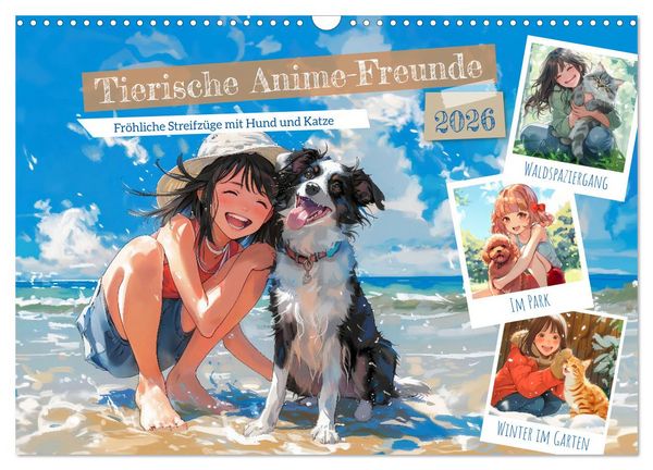 Tierische Anime-Freunde - Fröhliche Streifzüge mit Hund und Katze (Wandkalender 2026 DIN A3 quer), CALVENDO Monatskalender