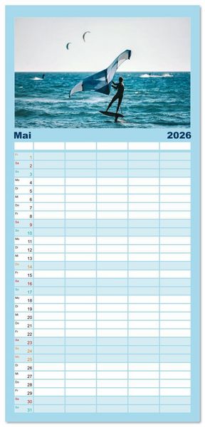 Produktbild: Familienplaner 2026 - Wingfoilen - fliegen &uuml;ber das Wasser mit 5 Spalten (Wandkalender, 21 x 45 cm) CALVENDO