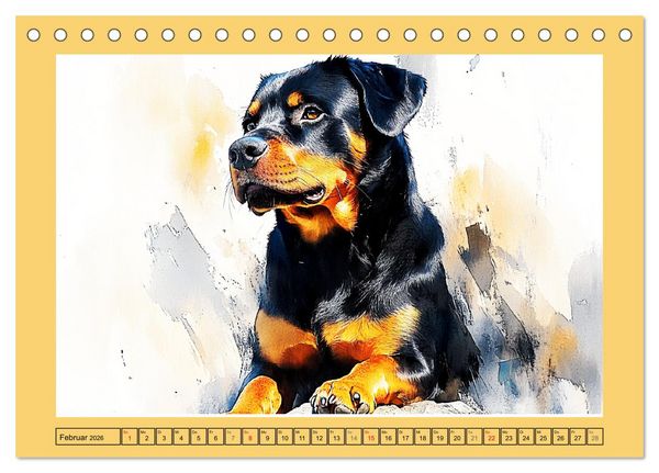 Produktbild: Kraftvolle Rottweiler. Stattliche Begleithunde im Aquarell-Stil (Tischkalender 2026 DIN A5 quer), CALVENDO Monatskalender