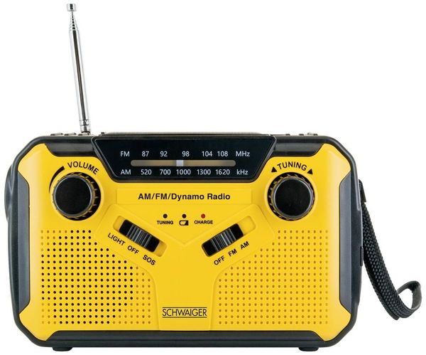 Produktbild: Schwaiger Outdoorradio UKW, AM, FM Handkurbel, Solarpanel, spritzwassergesch&uuml;tzt, sto&szlig;fest, Taschenlampe Gelb, Schwarz