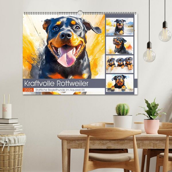 Produktbild: Kraftvolle Rottweiler. Stattliche Begleithunde im Aquarell-Stil (Wandkalender 2026 DIN A2 quer), CALVENDO Monatskalender
