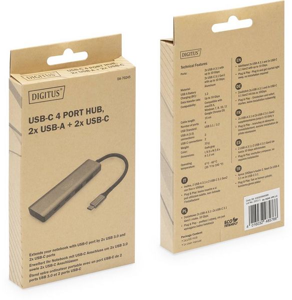 Produktbild: Digitus DA-70245 USB-Hub 4 Port USB-A USB 3.2 Gen2 10 GBit/s mit Aluminiumgeh&auml;use Dunkelgrau DA-70245