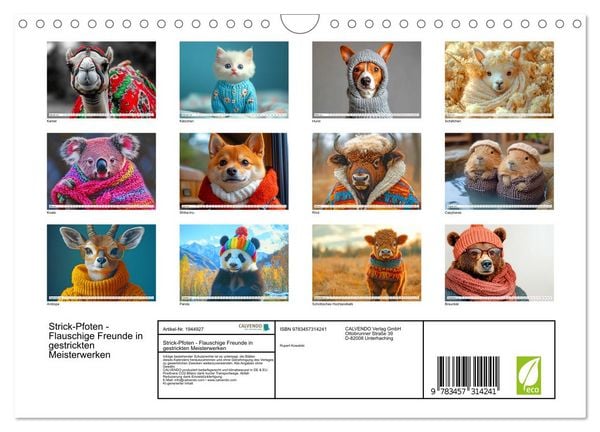 Produktbild: Strick-Pfoten - Flauschige Freunde in gestrickten Meisterwerken (Wandkalender 2026 DIN A4 quer), CALVENDO Monatskalender