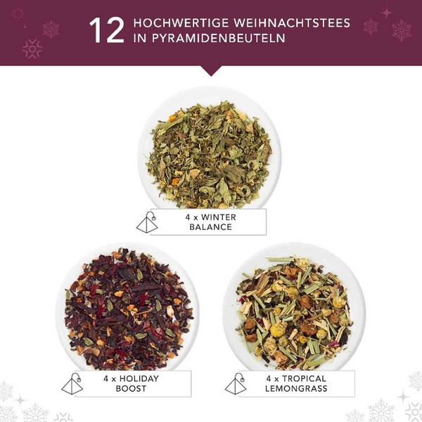 Produktbild: BIO Teegeschenk Kollektion "Winter Wellness", 3 Sorten, 12 kompostierbare Pyramiden-Beutel