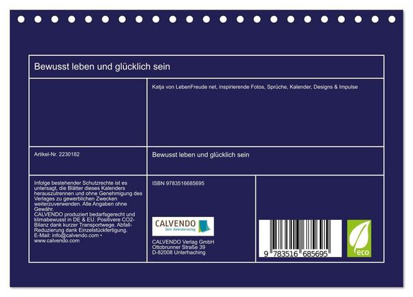 Produktbild: Bewusst leben und gl&uuml;cklich sein (Tischkalender 2026 DIN A5 quer), CALVENDO Monatskalender
