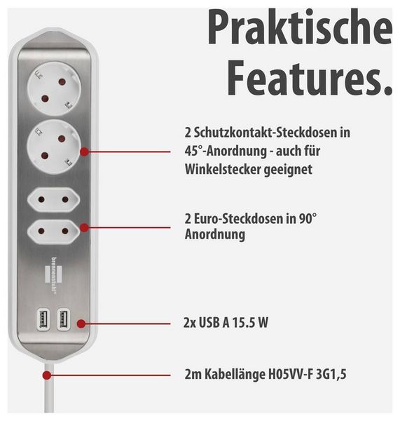 Produktbild: Brennenstuhl 1153590420 Tischsteckdose 1 St&uuml;ck Silber, Wei&szlig; Schutzkontakt 1St.