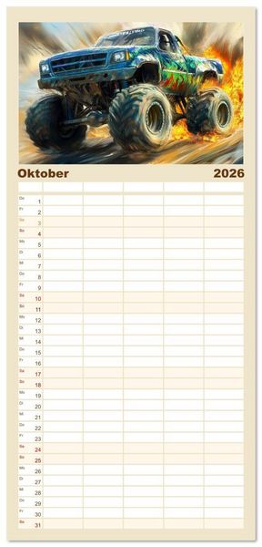 Produktbild: Familienplaner 2026 - Die Macht der Monstertrucks mit 5 Spalten (Wandkalender, 21 x 45 cm) CALVENDO