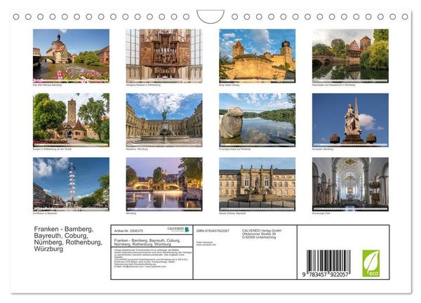 Produktbild: Franken - Bamberg, Bayreuth, Coburg, N&uuml;rnberg, Rothenburg, W&uuml;rzburg (Wandkalender 2026 DIN A4 quer), CALVENDO Monatskalender