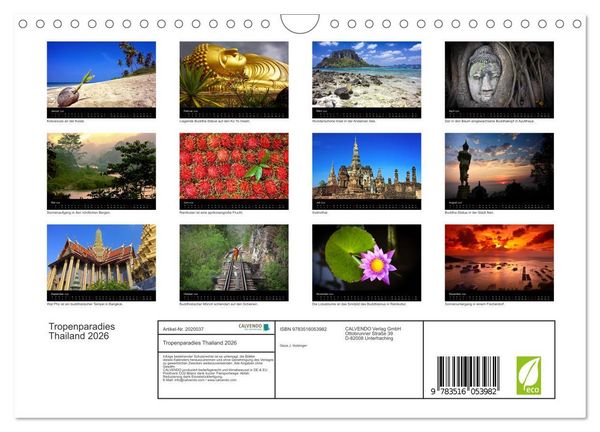 Produktbild: Tropenparadies Thailand 2026 (Wandkalender 2026 DIN A4 quer), CALVENDO Monatskalender
