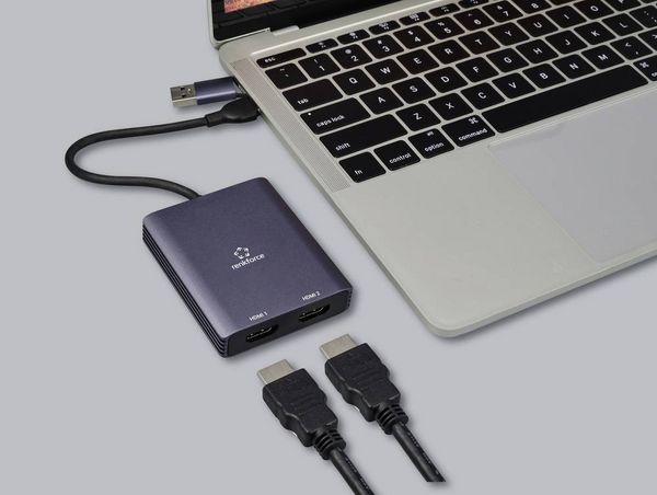 Produktbild: Renkforce RF-6418198 USB-C&reg; / HDMI Adapter [1x USB-A, USB-C&reg; - 2x HDMI&reg;] Grau 4K UHD 15cm