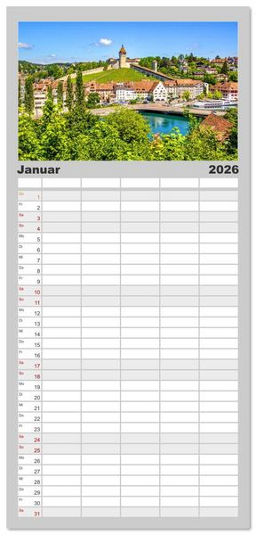 Produktbild: Familienplaner 2026 - Gr&uuml;ezi aus der Schweiz mit 5 Spalten (Wandkalender, 21 x 45 cm) CALVENDO