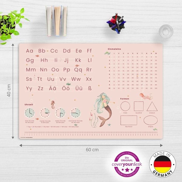 Produktbild: Cover-your-desk Schreibtischunterlage f&uuml;r Kinder Meerjungfrau Schulanfang - abc und einmaleins, aus hochwertigem Vinyl , 60 x 40 cm