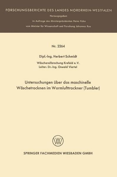 Produktbild: Untersuchungen &uuml;ber das maschinelle W&auml;schetrocknen im Warmlufttrockner (Tumbler)