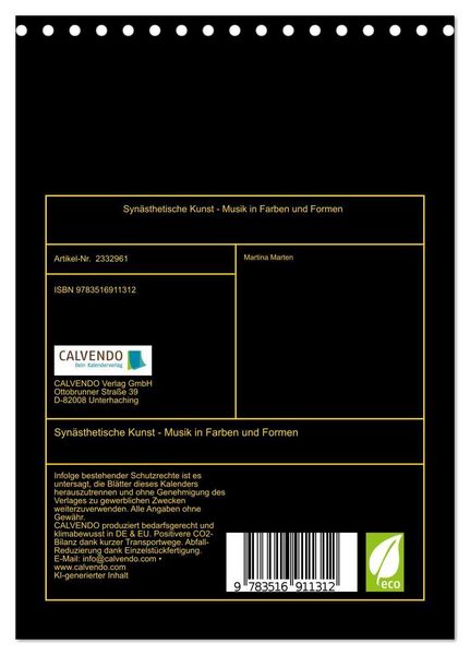 Produktbild: Syn&auml;sthetische Kunst - Musik in Farben und Formen (Tischkalender 2027 DIN A5 hoch), CALVENDO Monatskalender