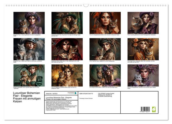 Produktbild: Luxuri&ouml;ser Bohemian Flair - Elegante Frauen mit anmutigen Katzen (Wandkalender 2026 DIN A2 quer), CALVENDO Monatskalender