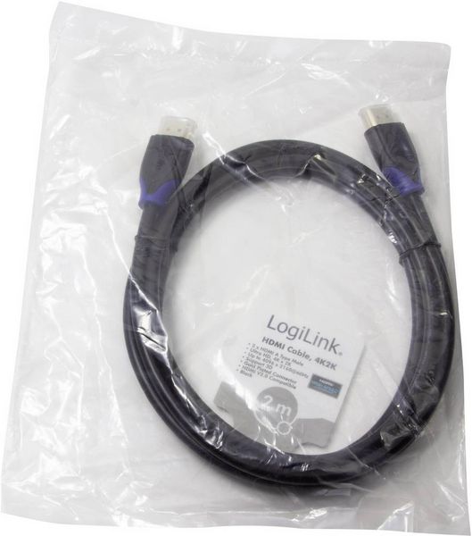 Produktbild: LogiLink HDMI Anschlusskabel HDMI-A Stecker, HDMI-A Stecker 2.00 m Schwarz CH0062 4K UHD, Audio Return Channel, vergoldete Steckkontakte HDMI-Kabel